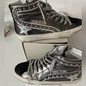 Golden Goose Slides silver leather metallic with star studs 38